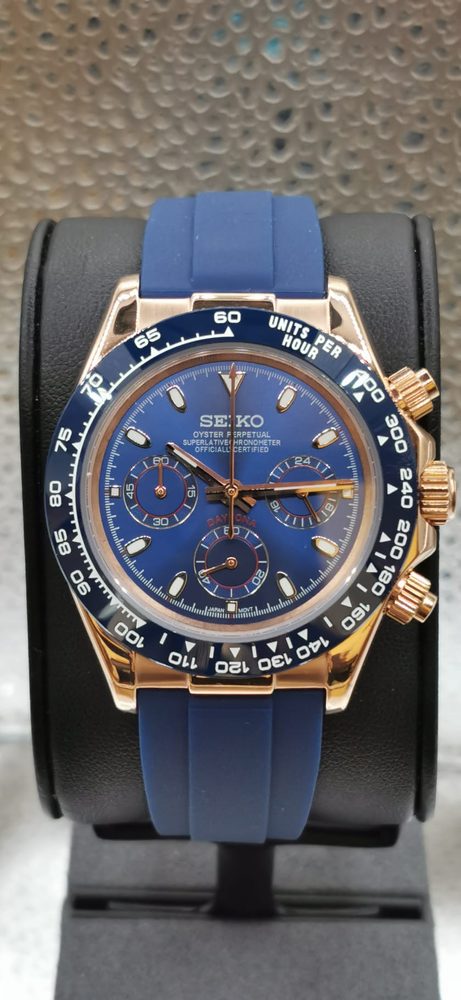 Seiko rose-gold chronograph with blue dial and blue rubber strap