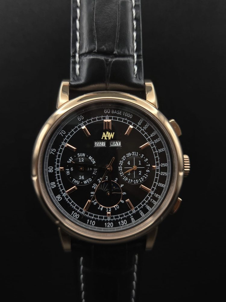 Custom rose-gold triple-calendar moonphase chronograph built by Ray, signed with the All About Watches dial logo